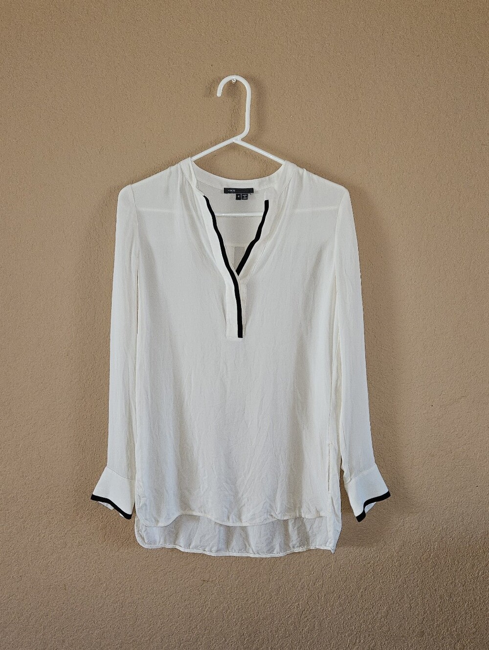 Vince Silk White V-Neck Tunic Blouse with Black Trim - Women